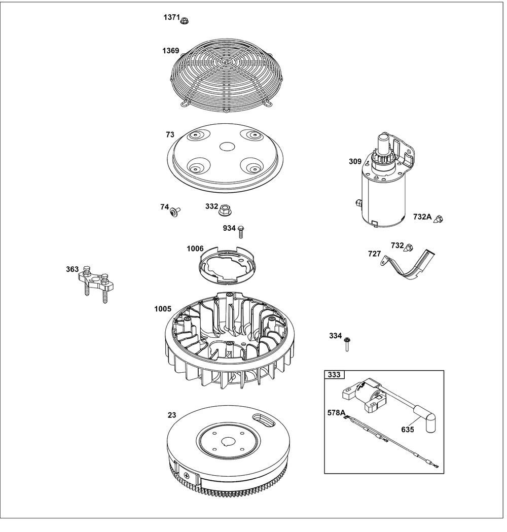 Flywheel, Ignition, And Starter Group Diagram and Parts List for 386777-0010-B5  Briggs and Stratton Engine